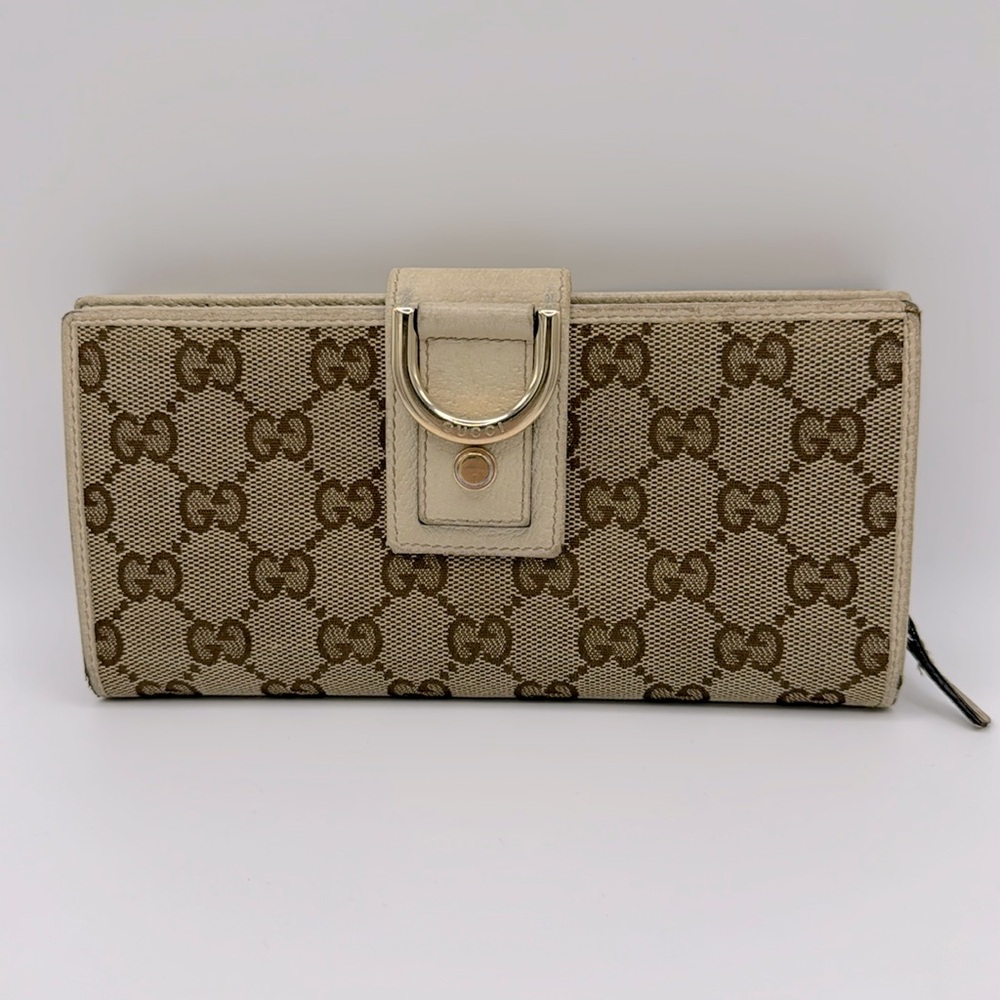 Authentic GUCCI GG Beige Canvas Gold Leather Zip Long Wallet
